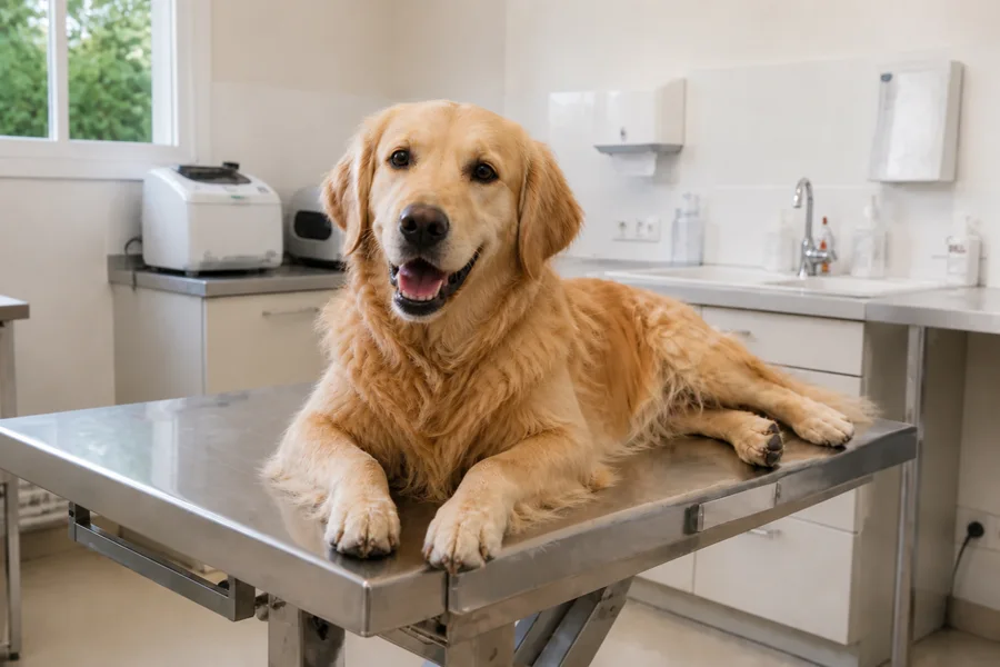 Golden retriever calme sur une table d’examen vétérinaire